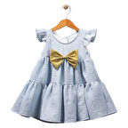 Kız Çocuk Mavi Sarı Simli Fiyonklu Müslin Elbise