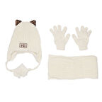 Kız Çocuk Ekru Leopar Kulaklı Lovers Yazılı Atkı Bere Takımı 4-8 Yaş