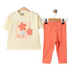 Kız Çocuk Bej Çiçekli İncili Tişörtlü Pembe Taytlı 2'Li Takım