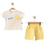 Erkek Bebek Bej Sarı Boy Nakışlı Müslin Şortlu 2'li Takım