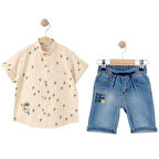 Erkek Çocuk Bej Summer Palmiye Baskılı Kot Şortlu İkili Takım