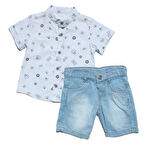 Erkek Çocuk Mavi Basketboll Desenli Gömlekli Kot Şortlu 2'li Takım