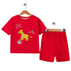 Erkek Bebek Kırmızı Zürafa Nakışlı Şortlu 2'li Takım