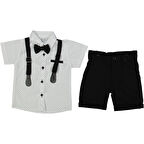 Erkek Çocuk Beyaz Desenli Gömlekli Siyah Şortlu Papyonlu Askılı Takım