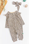 Leopar Desenli Bandanalı Kız Bebek Tulum