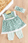 Çiçek Desenli Bandanalı 3'lü Kız Bebek Elbiseli  Takım