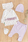 Çiçek Desenli Güpürlü 5 Parça Kız Bebek Hastane Çıkışı Bebek Takımı 