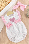 Kalp Nakışlı Fiyonklu Bandanalı Yazlık Kız Bebek Tulum