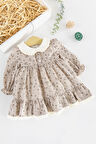 Çiçek Desenli Bebe Yakalı Keten Kız Bebek Elbise