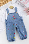 Kız Bebek Çiçek Nakışlı Pamuklu 2'li Denim Şık Kot Salopet Tulum Takım
