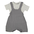 Erkek Bebek Ekru Gri Müslin Salopetli Takım