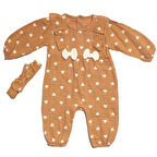 Kız Bebek Kahve Kalp Desenli Fiyonklu Bandanalı Müslin Tulum