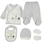 Erkek Bebek Beyaz Gri Tavşanlı Ayıcıklı Kanaviçe Desenli 5 Parça Hastane Çıkış Seti