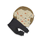 Erkek Bebek Ekru Füme Renkli Araba Desenli Fitilli 2'li Takım