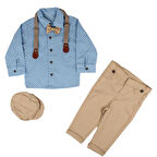 Erkek Bebek Mavi Kahve Puanlı Papyonlu Şapkalı Gömlek Takım