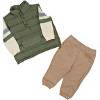 Erkek Bebek Yeşil Bej Şişme Yelekli Önü Kapalı Cepli 3'lü Takım