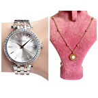 Ferrucci Şık Kasa Gümüş-Rose Renk Çelik Kadın Kol Saat+Çelik Kolye Hediyeli