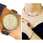 Ferrucci 1. Sınıf Çelik Şık Roma Rakamlı Kadın Kol Saat+Nazarlıklı Set