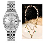 Ferrucci Zirkon Taşlı Takvimli Kadın Kol Saati+%100 Çelik Kolye Hediyeli