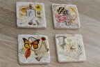 Vintage Kelebekli Kolaj Doğal Taş Bardak Altlığı 4'lü set - Natural Stone Coasters