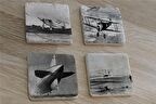Siyah Beyaz Zeplin ve Eski Uçaklar Doğal Taş Bardak Altlığı 4'lü set - Natural Stone Coasters