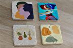 Tasarım Figür Line Art ve Objeler Doğal Taş Bardak Altlığı 4'lü set - Natural Stone Coasters