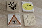 Line Art Surat Kuşlar ve Tasarımlar Doğal Taş Bardak Altlığı 4'lü set - Natural Stone Coasters