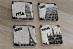 Siyah Beyaz Pisa Kulesi Roma Paris Venedik Doğal Taş Bardak Altlığı 4'lü set - Natural Stone Coasters