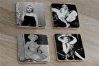 Siyah Beyaz Marilyn Monroe Fotoğrafları Doğal Taş Bardak Altlığı 4'lü set - Natural Stone Coasters