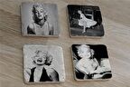 Siyah Beyaz Marilyn Monroe Fotoğrafları Doğal Taş Bardak Altlığı 4'lü set - Natural Stone Coasters