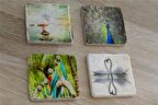 Martı Tavuskuşu Papağanlar Kuğular Doğal Taş Bardak Altlığı 4'lü set - Natural Stone Coasters