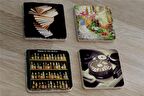 Kitaplar Sokak Bira Şişeleri ve Fotoğraf Makinesi Doğal Taş Bardak Altlığı 4'lü set - Natural Stone Coasters