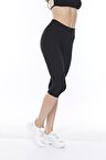Kadın Pamuklu Modal Diz Altı Boy Orta Yüksek Bel Siyah Tayt - 4009 - 4058