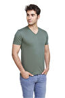 ERKEK PAMUKLU V-YAKA COMFORT FİT KISA KOLLU RENKLİ TİŞÖRT SAGA YEŞİLİ – 422