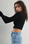 Kadın Siyah Uzun Kollu Fitilli Bluz Crop Örme T-shirt