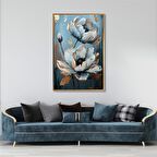 Yağlı Boya Dokulu Tablo Mavi Fonda Beyaz Altın Çiçekler 2 U02052