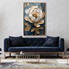 Yağlı Boya Dokulu Tablo Mavi Fonda Beyaz Altın Çiçek U02053