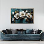 Yağlı Boya Dokulu Tablo Koyu Fonda Beyaz Altın Çiçekler 2 U02060