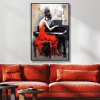 Yağlı Boya Dokulu Tablo Kırmızı Elbiseli Piyano Çalan Kadın U05004