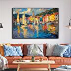 Yağlı Boya Dokulu Tablo Kıyıda Yelkenliler U06016