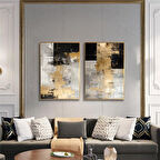 Yağlı Boya Dokulu Tablo Siyah Gri Altın Soyut İkili Set U08048