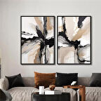 Yağlı Boya Dokulu Tablo Siyah Beyaz Bej Soyut İkili Set U08062