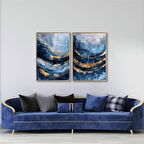 Yağlı Boya Dokulu Tablo Mavi Altın Gold Soyut İkili Set U08102