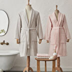 Karaca Home Carli %100 Pamuk 4 Parça Bornoz/Baş Havlusu Aile Banyo Seti Pudra-Gri