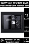 Özel Üretim 3 Bardaklı Uzun süre sıcak soğuk tutan Siyah Paslanmaz Çelik 500 ML Termos Seti