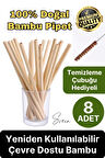 Özel Üretim Bambu 8 Adet Doğal Sağlıklı Yeniden Kullanılabilir Yıkanabilir Çevre Dostu Pipet Kamış