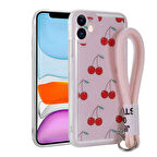 Apple iPhone 11 Kılıf Desenli El Askılı İpli Zore Astana Silikon Kapak-Kiraz