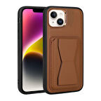 iPhone 14 Plus Uyumlu Kartlıklı Standlı ​Pu Deri Zore Memo Kılıf-Kahverengi