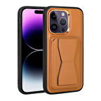 iPhone 14 Pro Max Uyumlu Kartlıklı Standlı ​Pu Deri Zore Memo Kılıf-Kahve Açık