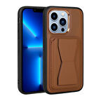iPhone 13 Pro Max Uyumlu Kartlıklı Standlı ​Pu Deri Zore Memo Kapak-Kahverengi